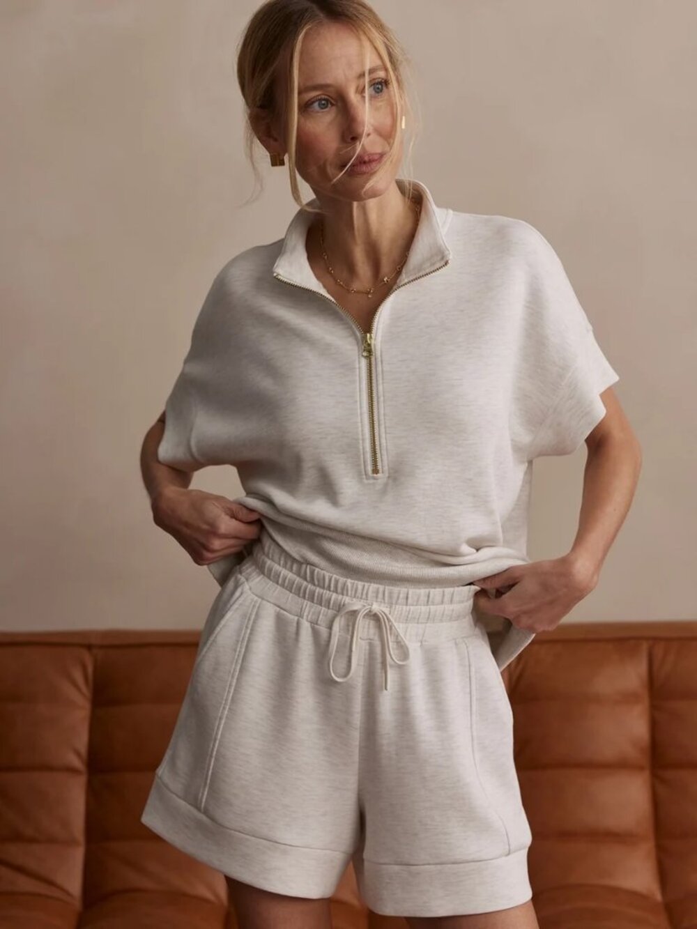 Varley Atrium High-Rise Short 4.5" in Ivory Marl, Size Small